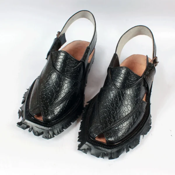 Black Printed Leather Quetta Norozi Shikari Chappal - Image 2