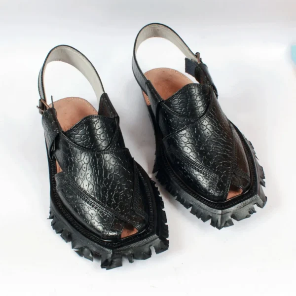Black Printed Leather Quetta Norozi Shikari Chappal - Image 3