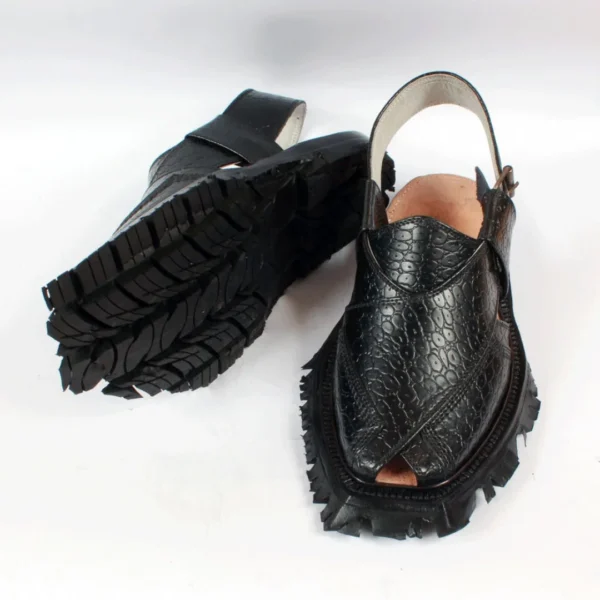 Black Printed Leather Quetta Norozi Shikari Chappal - Image 4