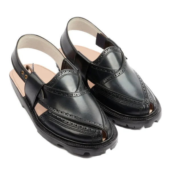 Handmade Black Brock Quetta Norozi Leather Chappal - Image 3